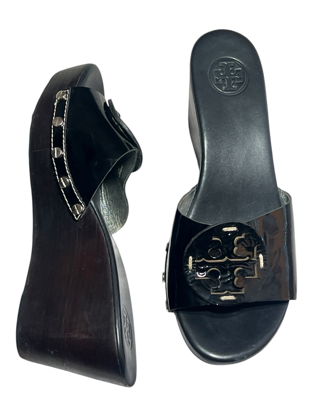 Tory Burch Platform Patti Wedge Heels Patent Leather Woodgrain Slide Sandals